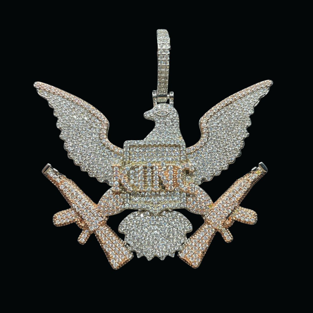 29_a476762d-56a6-451a-abb9-c82c58c7dca6.png King on Bald Eagle with AKs Iced Out Letter Diamond Pendant Necklace - Image 1