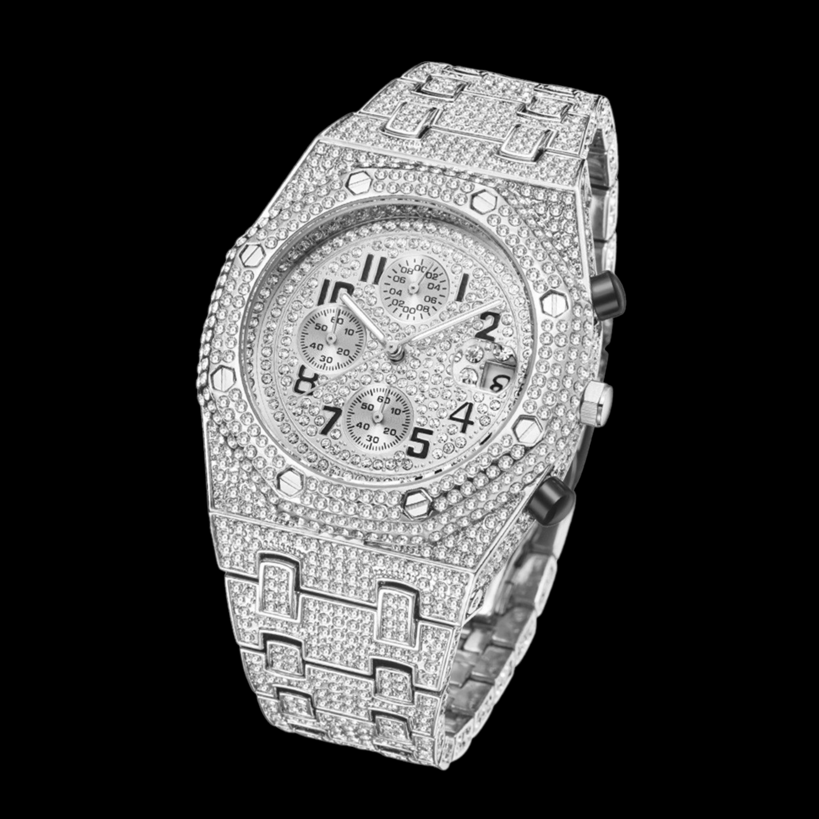 2_bc400acf-734c-44b4-a8a4-bfcb925a9360.png Bust Down Date Chronograph Iced Out Diamond Watch - Image 1